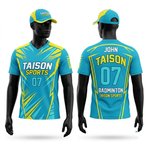 เสื้อแบดมินตันชาย 180 GSM โพลีเอสเตอร์อินเตอร์ล็อค สีเหลือง เทา มิ้นท์ ลายแผง ดีไซน์แบบซับลิเมชั่น พิมพ์โลโก้ทีมตามสั่ง - Product Image 2