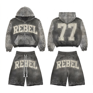 <b>Mens</b> 420 GSM French Terry Hoodie <b>Short</b> Set Washed Grey Puff Print <b>Patch</b> Embroidery Custom Logo Hoodie <b>shorts</b> set for <b>men's</b> - Product Image 3