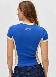 Camiseta Corta de Mujer con Bloques de Color, Cuello Redondo, Manga Corta, Ajustada, Tejida - Product Image 5