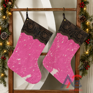 Western Pink Cowhide Leather <b>Christmas</b> <b>Stocking</b> with Brown Floral Tooled Design Cuff Soft Stitched Holiday Decorative Gift - Product Image 1