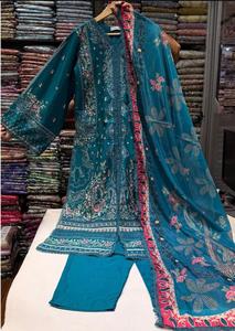 Ensemble 3 pièces d'été pour femme de marque pakistanaise, en tissu lawn brodé, haute qualité, coupe ajustée, infroissable, extensible, pour soirée et décontracté - Product Image 2