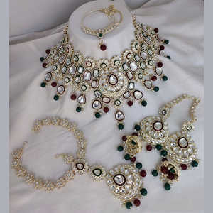 Gold Plated <b>Kundan</b> Stone Semi-Bridal Necklace Set 10581242MGR Exquisite Fine <b>Jewelry</b> Set - Product Image 1