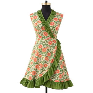 ชุดเดรสอังกรากาพิมพ์ลายดอกไม้แบบแฮนด์บล็อก แขนกุด คอวี ยาวระดับข้อเท้า แต่งระบายเป็นชั้นๆ ทรงเอไลน์ ชุดลำลองสำหรับผู้หญิง ชุดเดรสยาวสำหรับฤดูร้อน - Product Image 1