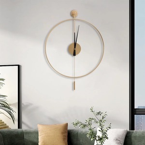 Minimalist Round Gold Plated <b>Wall</b> <b>Clock</b> With <b>Pendulum</b> Quartz Analog Hanging Design For Living Room - Product Image 3
