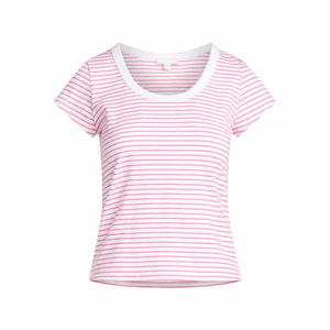 Camiseta informal de verano con cuello redondo y manga corta a rayas rosas para mujer - Product Image 1