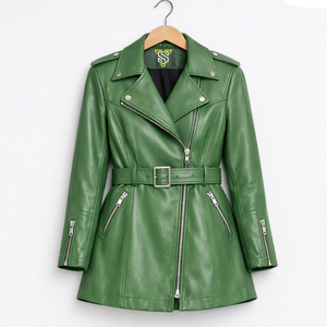 Chaqueta de Moto de Cuero PU Verde para Mujer, Manga Larga, Cierre de Cremallera, Cinturón, Cuello Abierto, Color Sólido, Ropa de Invierno - Product Image 1
