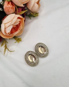 Designer Oval Stone <b>Crystal</b> <b>Stud</b> <b>Earrings</b> Ethnic Antique Gold Plated Fashion Indo Western Party Wear Jewelry For Women Wholesale - Product Image 2