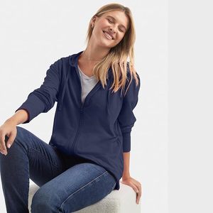 Sudaderas con capucha y cremallera para mujer, 100% algodón, tejido de punto, bordado, color liso, cremallera completa, manga regular, ropa deportiva - Product Image 6