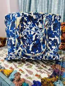 Blue Botanical Handmade Quilted Cotton <b>Boho</b> Style Drawstring Closure Lightweight Shoulder Carry Tote <b>Bag</b> for Women Bulk Export - Product Image 4