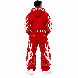 Hot Selling Men's 2 Piece <b>Red</b> Crystal Embellished Tracksuit Set Gothic <b>Cross</b> Zip Up Hoodie Flame Baggy Sweatpants Street Style - Product Image 2