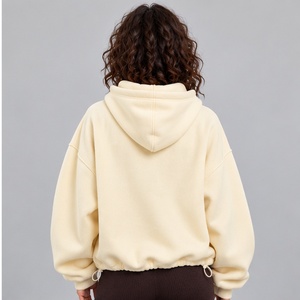 Sweat-shirt à capuche zippé en molleton chenille personnalisé pour femme, coupe courte, avec cordon de serrage à l'ourlet, couleur crème, blanc cassé - Product Image 4