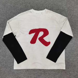 T-shirt Homme Personnalisé Style Streetwear Double Couche Manches Effet Gaufré Vintage Peint à la Main Broderie Effet Vieilli Patch - Product Image 1