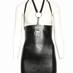Robe moulante mi-longue en latex noir, col halter, sans manches, ajustée, sexy, pour soirée, avec décoration de anneaux - Product Image 2