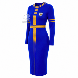 เดรสยาวสีน้ำเงินแขนยาวทรงเข้ารูปสำหรับผู้หญิง Sigma Gamma Rho แต่งแถบสีทอง คอเสื้อแบบคอกลม ไซส์พลัส ทรงเข้ารูป สไตล์ลำลอง - Product Image 2