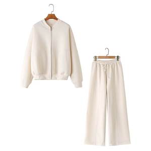 Ensemble 2 pièces pour femme : Blouson bomber rétro uni zippé et pantalon ample en velours à taille haute avec lacets - Product Image 2