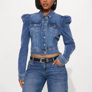 Women's <b>Cropped</b> <b>Denim</b> <b>Jacket</b> With Puff Sleeves Stonewashed Cotton Regular Fit Casual Spring Style Blue Jeans Coat - Product Image 1