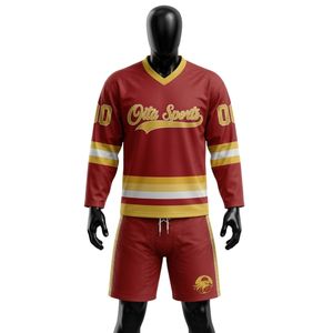 Men <b>Red</b> Gold Sublimated Ice Hockey Jersey Shorts Set V Neck Striped Polyester Athletic Sports Clothing Team Training Apparel - Product Image 1