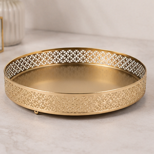 Round Brass <b>Storage</b> Tray With Geometric Pattern Modern Design Durable Indoor <b>Tabletop</b> Accessory Living Room Decor - Product Image 3