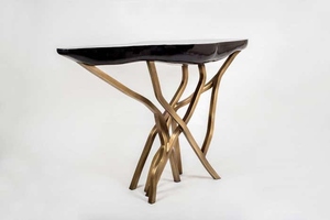 Hot Sale brass premium geometric inlay entryway <b>table</b> high end architectural hallway furniture sleek modern foyer TV cosole - Product Image 3