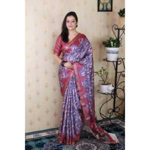 Sari rose abstrait pour soirée, en soie Tussar douce avec châle tissé en zari imprimé - Product Image 6