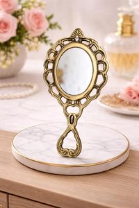 Vintage Pure Brass Handheld <b>Mirror</b> with Handle Antique <b>Makeup</b> <b>Vanity</b> Dressing Decorative Hand <b>Mirror</b> - Product Image 4
