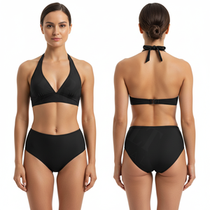 Hot Selling High-Waist Custom Bikini Set Plain Blank Color Halter Neck Two-Piece Swimwear Stylish Summer Beachwear Swimsuit - Product Image 3
