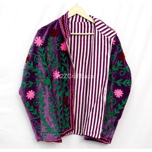 Handmade Woven Velvet Cotton Shell <b>Jacket</b> for <b>Women</b> Embroidered with Green Leaf Floral Design Eco-Friendly Boho <b>Vintage</b> Style - Product Image 3