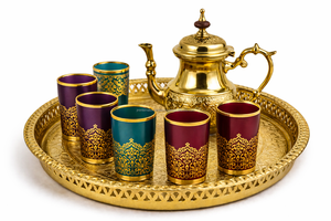 Nuevo diseño de juego de té marroquí dorado, 6 vasos, un bandeja, una tetera en caja de regalo. - Product Image 2