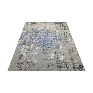 Tapis d'appoint en pure laine noué à la main, luxueux, bleu gris vieilli, abstrait, pour salon moderne - Product Image 5