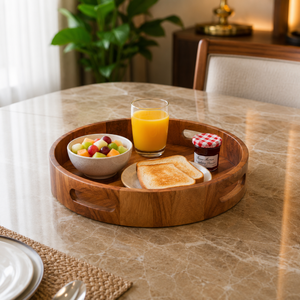Bandeja Redonda de Madera de Acacia Premium con Asas |   Bandeja de Madera Hecha a Mano para Servir Desayuno, Café y Comida, para el Hogar y Hoteles - Product Image 4