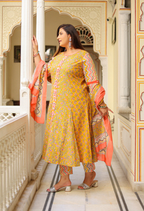 Zig Zag Printed Kurta <b>Pant</b> Dupatta Set Cotton Floral Mustard Round Neck <b>Three</b> <b>Quarter</b> Sleeve Plus Size Women Wholesale Casual - Product Image 3