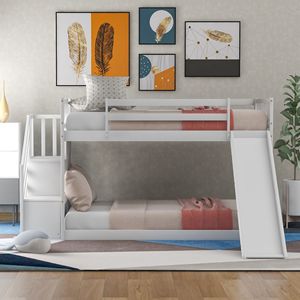 Letto a Castello Bianco con Due Letti Singoli, Scivolo Convertibile e Scala per Bambini - Product Image 2