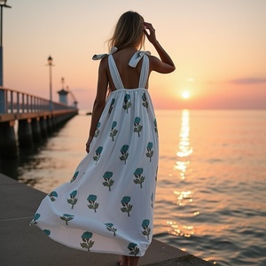 ชุดเดรสฤดูร้อนลายดอกไม้สีฟ้าสีเขียวพร้อมคอเสื้อสี่เหลี่ยมเสื้อท่อนบนเนื้อนุ่มและสายรัดผ่อนคลายสีพาสเทลสำหรับผู้หญิง - Product Image 5