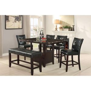 Set da Pranzo 6 Pezzi Altezza Bancone in Ecopelle Nera Trapuntata con 4 Sedie Alte e 1 Panca, Arredamento per Sala da Pranzo - Product Image 1