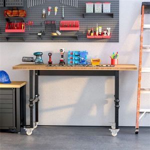 59\" Height Adjustable Garage Workbench with Wheels Bamboo Tabletop Durable Workstation Tool Table for Woodworking - Product Image 2