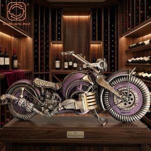 Sculpture de moto en fer Khang Hung Phat, style antique, art soudé, pièce décorative, finition violet et argent - Product Image 6