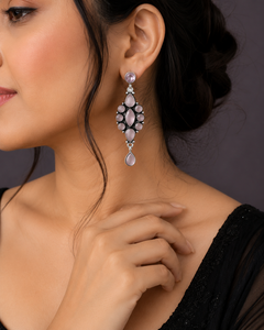 Boucles d'oreilles pendantes en argent oxydé tendance |   Bijoux vintage en pierre œil de chat rose, forme marquise et goutte d'eau - Product Image 4