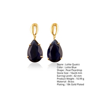 Minimalist Classic Women's Statement Jewelry 18k Gold Plated Brass Gemstone Lolite Blue Quartz Pear <b>Drop</b> Earring Claw Setting - Product Image 1