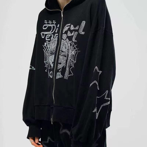 เสื้อฮู้ดดี้ประดับคริสตัลลายดาวแมงมุม  แบบซิปเต็มตัว  ทรงโอเวอร์ไซส์  สั่งทำได้  ยูนิเซ็กส์ สตรีทแวร์ - Product Image 4