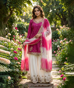 ชุดคุर्ติ ชาราร่า การาร่า ผ้าเครปปักเลื่อมอินเดีย ดีไซน์เนอร์ งานปักมือ ขายส่ง ทรงเข้ารูป สำหรับงานดิวาลี งานแต่งงาน งานปาร์ตี้ คุณภาพพรีเมียม - Product Image 1