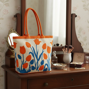 Sac de plage élégant et durable en jute avec longues poignées d'épaule |   Tissu imprimé floral sans azo pour le shopping, l'usage quotidien et les activités de plein air - Product Image 3