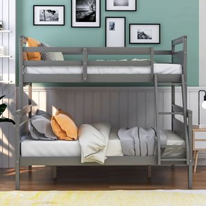 Cama litera doble sobre matrimonial gris con escalera y barandilla de seguridad, muebles para dormitorio infantil - Product Image 2