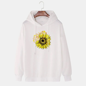 Sweat-shirt à capuche unisexe blanc, imprimé floral tournesol, coupe classique, décontracté, pour le printemps, 100% coton tricoté respirant - Product Image 2