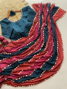 Sari de Georgette con Bordado de Diseño y Encaje con Trabajo de Espejo Original, con Blusa de Seda Banglori Mono sin Coser - Product Image 5