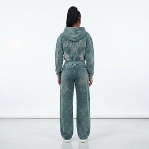 Conjunto de chándal de dos piezas para mujer: sudadera con capucha extragrande lavada y cremallera, y pantalones de chándal de pierna ancha, estilo streetwear. - Product Image 2