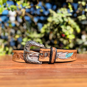 เข็มขัดหนังแท้สไตล์ตะวันตก ลายเพสลีย์ ทำด้วยมือจากหนังวัวแท้ หัวเข็มขัดโลหะผสมสังกะสี กว้าง 40 มม. ปรับแต่งได้ - Product Image 3