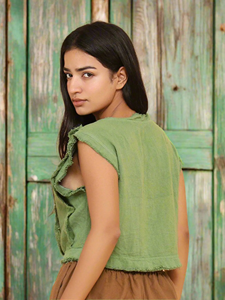 Haut court en lin vert olive fait main pour femme, chemisier d'été décontracté sans manches, chemise tendance vert sauge pour festival - Product Image 3