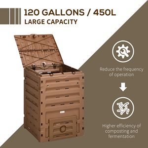 Bac à compost extérieur de 120 gallons (450 L) pour jardin, création rapide de terreau fertile, 80 aérations, 2 portes coulissantes, couvercle à clipser, emballé en boîte marron - Product Image 4