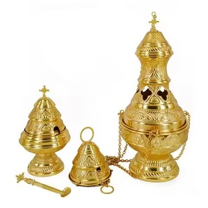 Brûleur d'encens en laiton de qualité durable, finition dorée, fait main, diffuseur d'aromathérapie religieux avec porte-bougie, design décoratif - Product Image 3