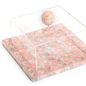 Premium custom mother of pearl <b>cake</b> <b>stand</b>, square pink seashell base with dust <b>cover</b>, ideal for high end tea parties - Product Image 2